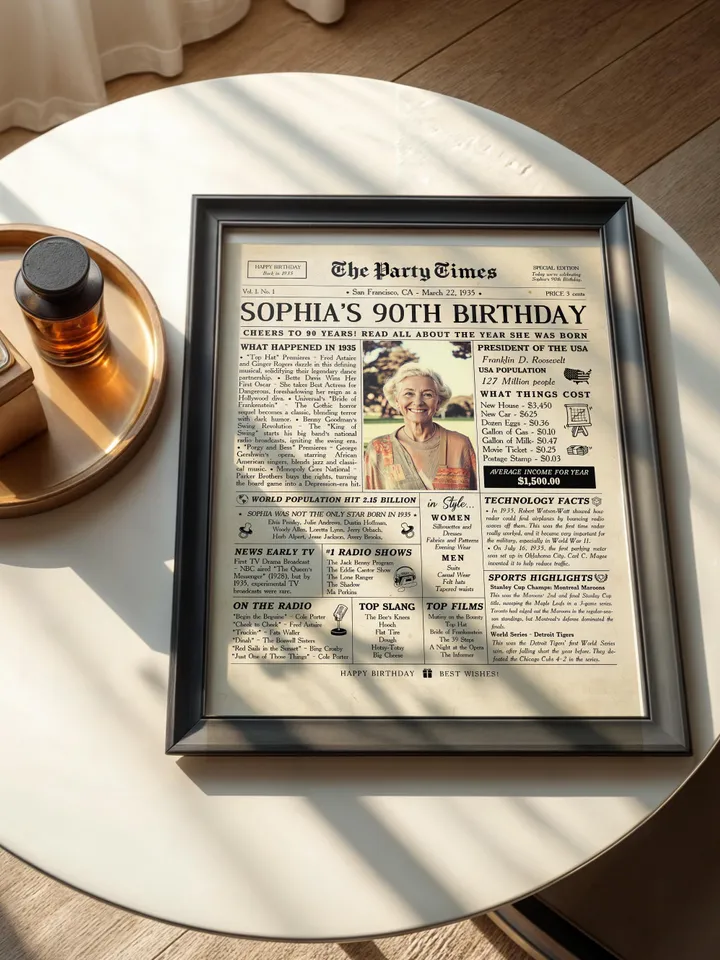 90th birthday newspaper poster for women born in 1935 back in 1935 printable sign personalized 90th birthday gift vintage style decor
