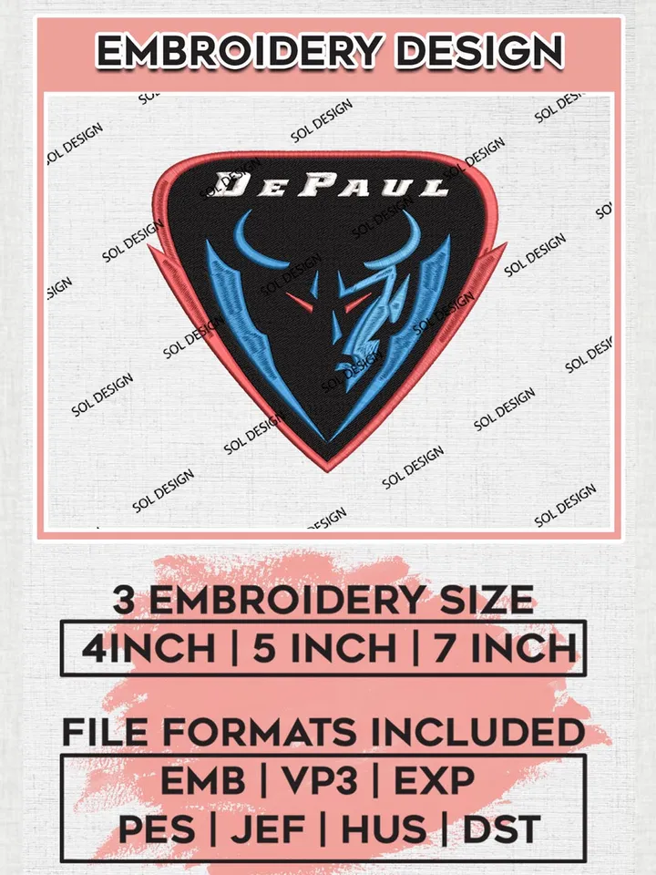 DePaul NCAA Team Logo Machine Embroidery Design, NCAA DePaul Blue Demons Team Design Design files, NCAA Team Embroidery Designs, NCAA Machine Embroidery Designs, Digital Download