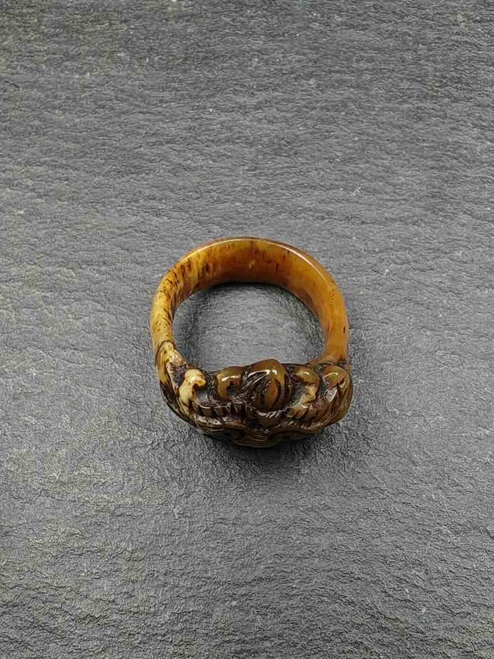 ONLY ONE - Gandhanra Hand Carved Tibetan Yak Bone Ring, Snow Lion Pattern,US Size 7.5,Inner Diameter 17.75mm