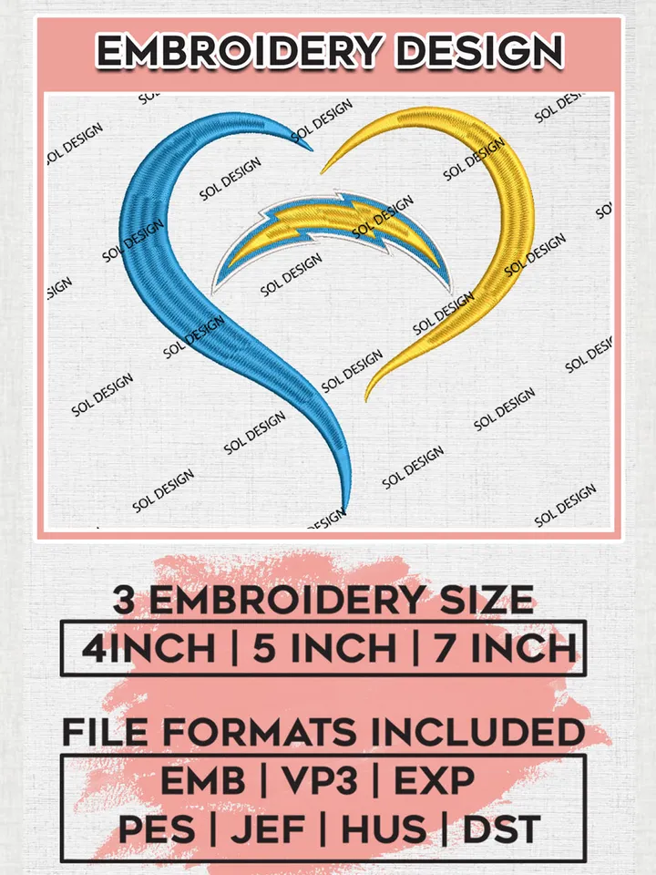 NFL Los Angeles Chargers Heart Embroidery Design Files, NFL Chargers Embroidery Designs, NFL Embroidery Designs, NFL Los Angeles Chargers Machine Embroidery Design, Digital Download