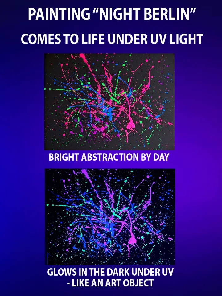 "Night Berlin" neon splash oil painting on canvas fluorescent art abstract art original black light painting