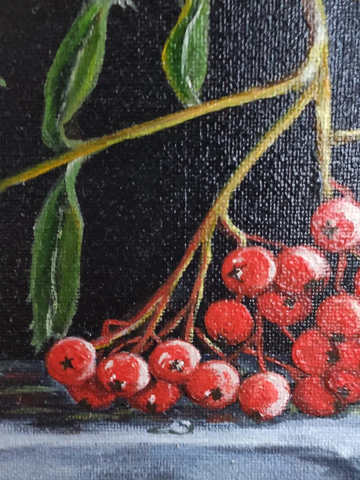 rowan on marble still life oil painting realism oval