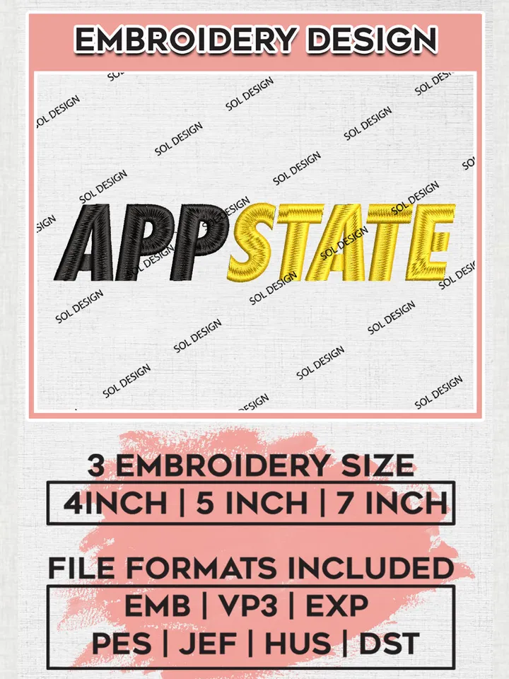 NCAA App State Team Word Logo Embroidery Design Files, NCAA App State Mountaineers Machine Embroidery, NCAA Teams, Game Day, 3 sizes, NCAA Machine embroidery designs, Digital Download