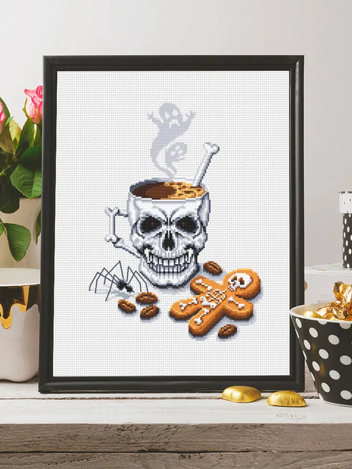 Halloween coffee mug cross stitch pattern download PDF, Gothic Halloween cross stitch chart, Horror Christmas cross stitch, Skull cup #H39