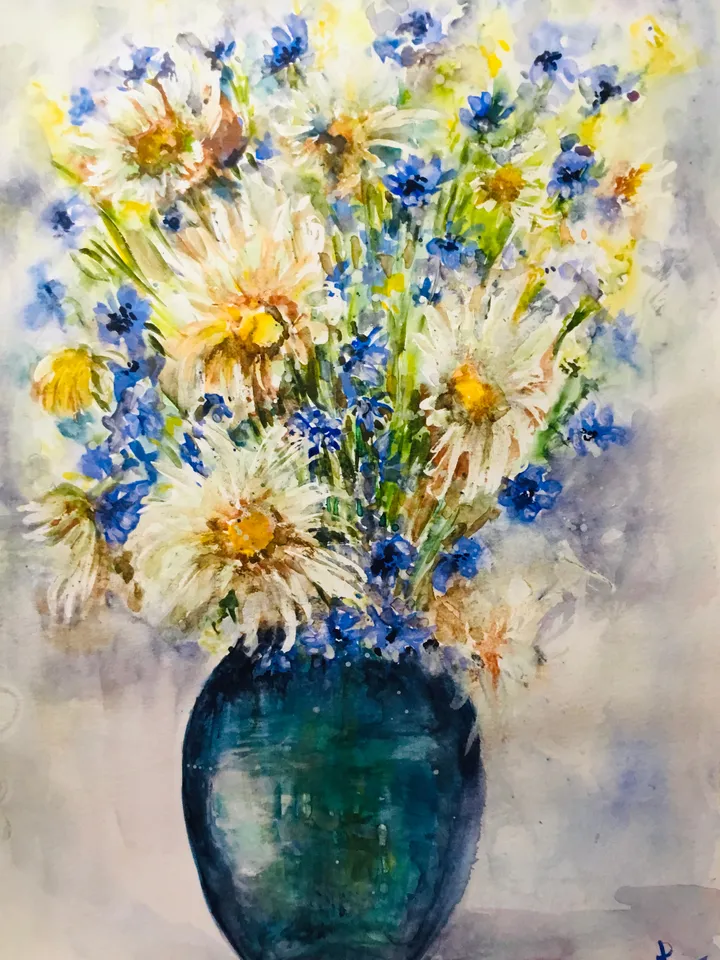 Daisies and Wild Flowers in a vase,flowers painting,original watercolor field flowers painting ,floral wall art,home decoration,gift.