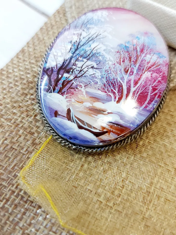 Brooches for women: river and charming little boat in a snow-covered forest on pearl brooch • purple dainty handmade jewelry • Aesthetic pin