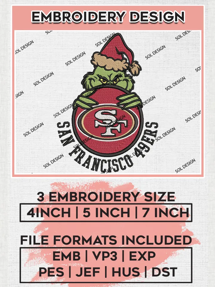 NFL San Francisco 49ers Team x Grinch Holding Ornament Logo Embroidery Designs, NFL 49ers Team Machine Embroidery Files, NFL Football Teams, 3 sizes, Grinch Machine embroidery designs, Digital Download