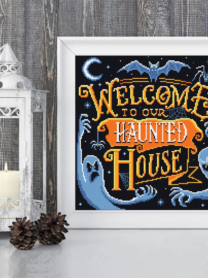Halloween quotes cross stitch pattern download PDF Spooky ghost cross stitch chart Welcome to our haunted house, Halloween cross stitch #H81