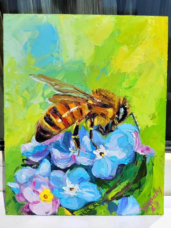 Forget Me Not Flower Honey Bee Painting Original Art Impasto Oil Painting 8x10 Birthday Gift Bee Artwork Blue Flower Wall Art by ArtFromVictoria