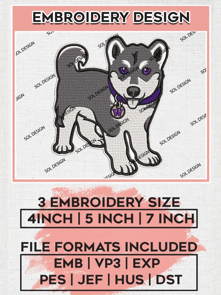 NCAA Washington Huskies Team Mascot Logo Embroidery Design Files, NCAA Washington Huskies Machine Embroidery, NCAA Teams, 3 sizes, NCAA Machine embroidery designs, Digital Download
