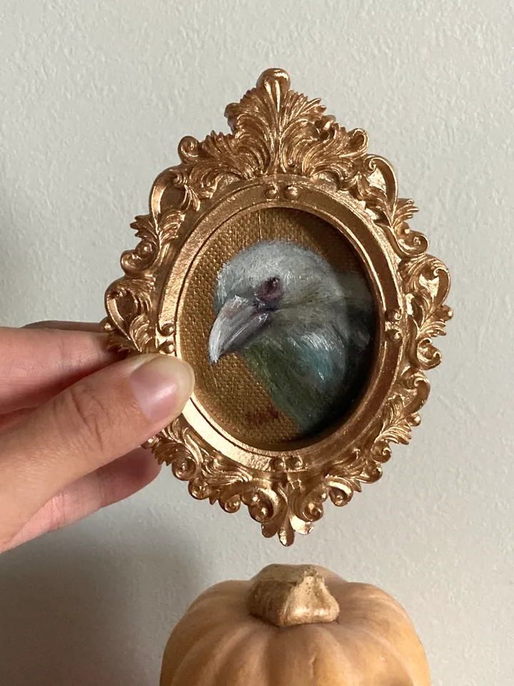 Framed Raven Oil Painting Original Albino Bird Art Dark Cottagecore Art