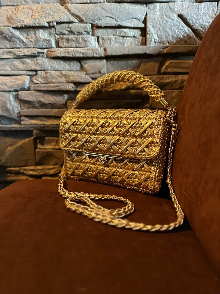 Gold women handbag, vegan crossbody, top handle, small purse, crochet clutch, shoulder bag, luxury bag