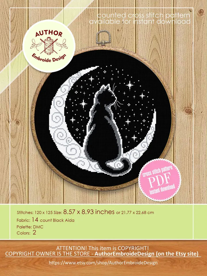 Cat moon cross stitch pattern PDF download Silhouette cat cross stitch chart, Crescent moon pattern digital PDF, Cat lover gift #K52