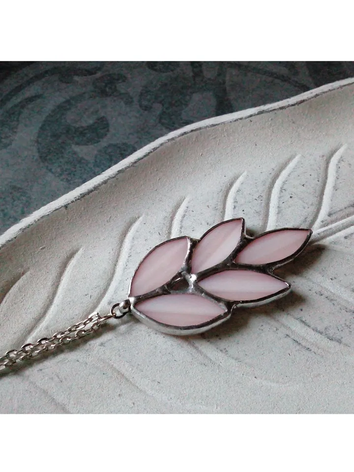 Glass spike necklace, Stained glass necklace, Leaves art deco necklace, Leaf branch pendant, Elven fairy jewelry