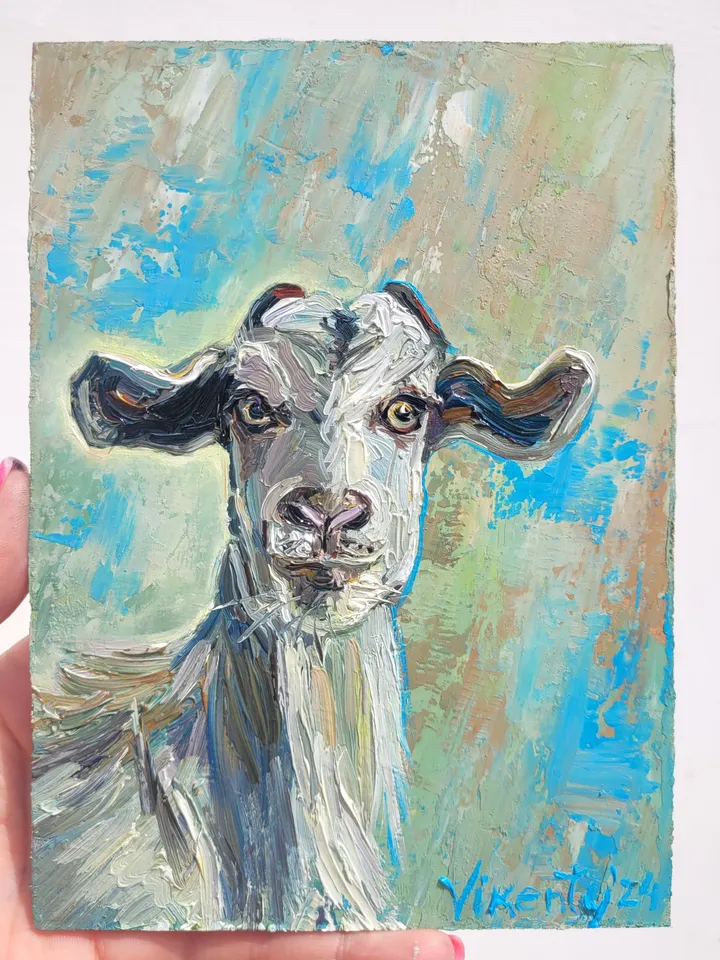 Goat Painting Farm Animal Original Art Impasto Oil Painting 5x7 Goat Artwork Animal Portrait Nursery Wall Art Rustic Home Decor Fine Art by ArtFromVictoria