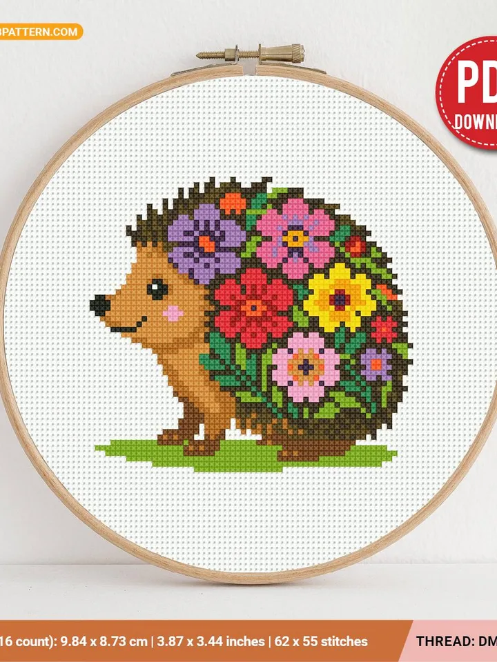 Flower Hedgehog Cross Stitch Pattern PDF - Instant Download, Floral Spring Embroidery, Hedgehog Pets, Cute Animals, Cottagecore, beginner