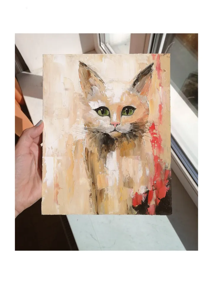 Beige Cat Original Oil Painting Abstract Cat Artwork