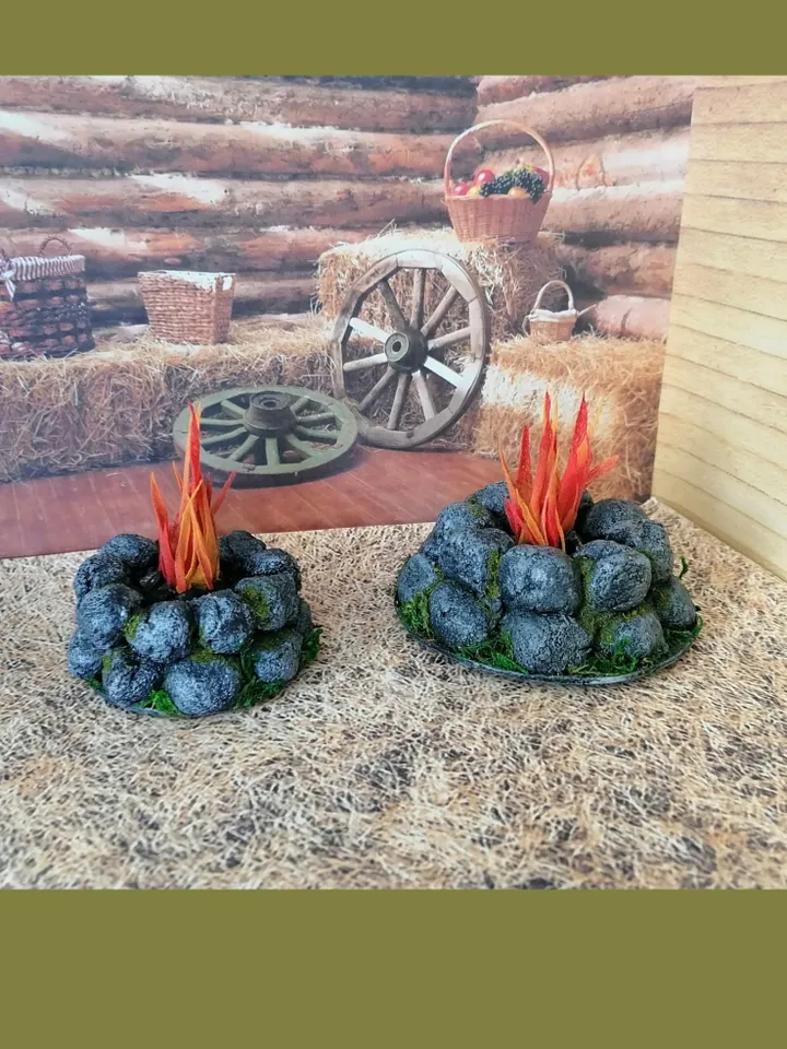 Bonfire with lighting. Dollhouse miniature 1:12. Realistic fire. LED candle. Fire for a doll's garden.