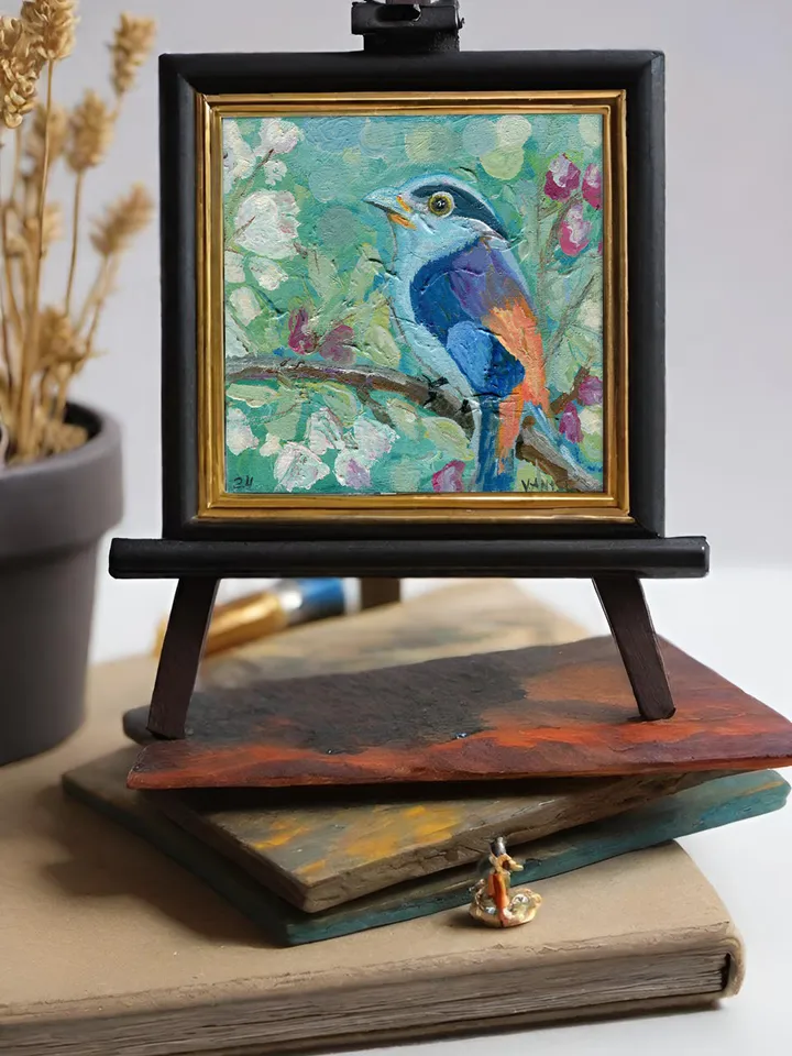 Grey-breasted Broadbill, bird, oil painting on canvas on cardboard.