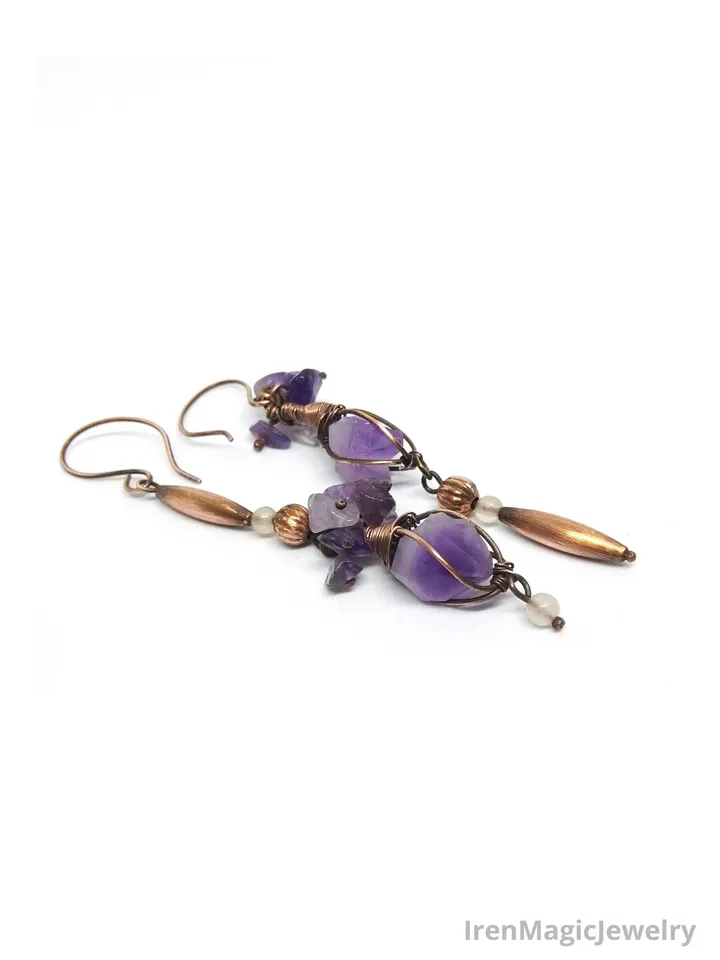 Asymmetrical Tribal Earrings – Copper & Amethyst Crystals