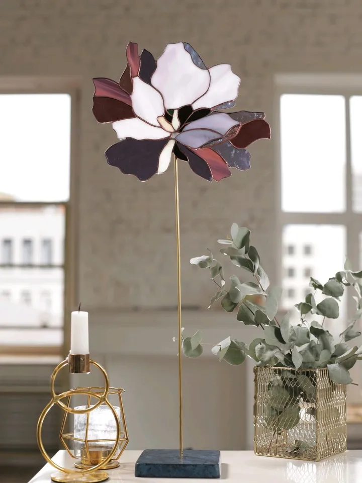 Peony. Stained Glass on a Stand, Peony Stained Glass Sculpture, Peony Tiffany Glass Panel on a Stand, Decorative Peony Glass Flower on a Brass Base, Peony Art Glass on Cast Stone Stand, Peony Stained Glass Decor Piece