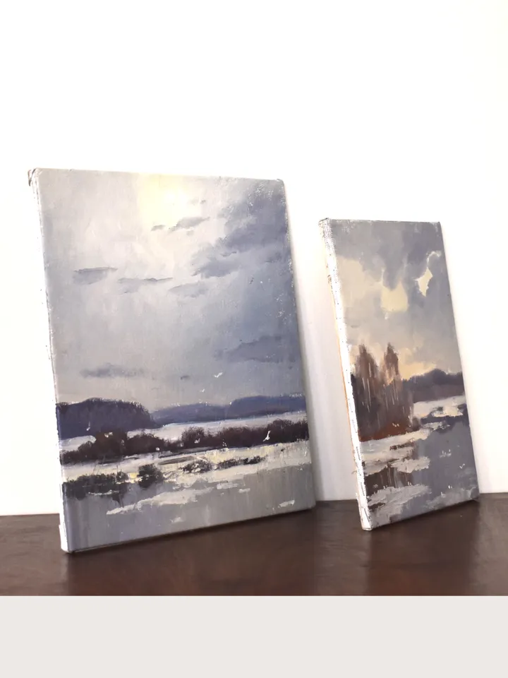 Winter landscape oil painting original. Lake paintings