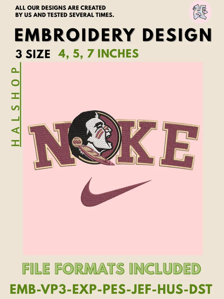 NCAA Florida State Seminoles Nike Logo Embroidery Design | Machine Embroidery File | 3 Sizes, 6 Formats | NCAA College Team Design