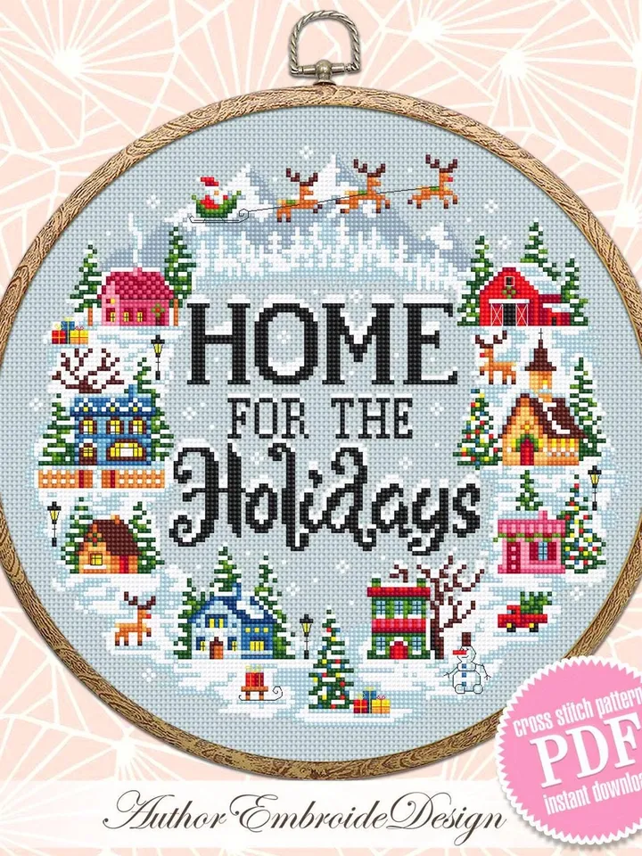 Christmas houses cross stitch pattern PDF download Home for the holidays, Winter landscape cross stitch, Christmas pattern digital PDF #N188