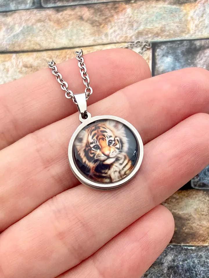 Tiger head necklace, steel pendant with glass, Wild cats lover gift, Cute little tiger charm