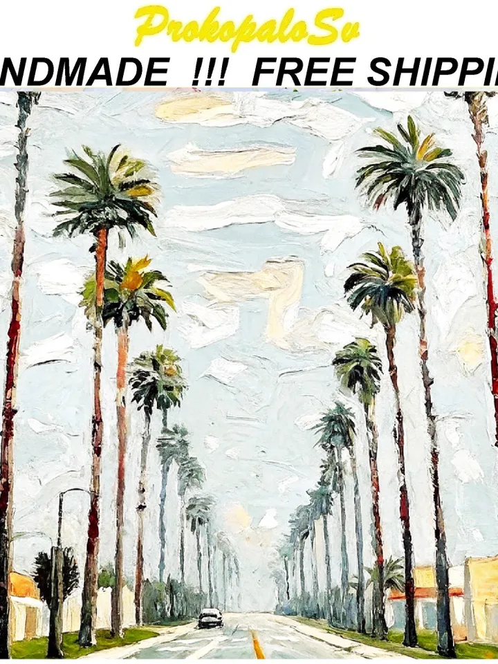 Los Angeles Oil Painting Street Original Art Impasto Scene Sunset Boulevard Impressionist Painting Palm Trees Car Cityscape Art Gift