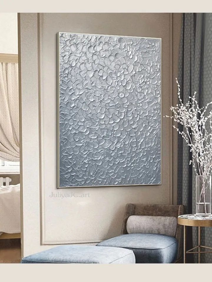 Silver Abstract Wall Art Glittery Silver Painting Textured artwork | Living room wall art Light Silver home decor