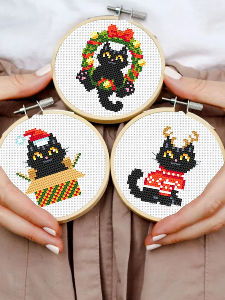 Set Christmas cats cross stitch pattern download PDF, Cute black cat embroidery PDF, Christmas mini cross stitch, Funny home cat decor #N78