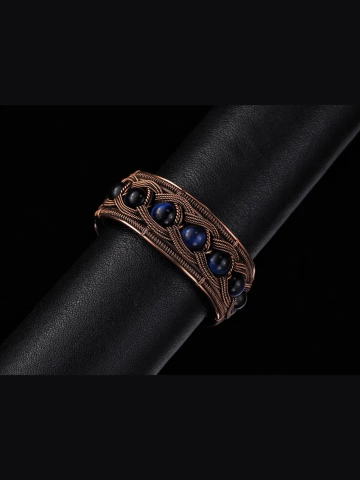 Copper wire bracelet with natural falcon eye, 7th Wedding Anniversary gift