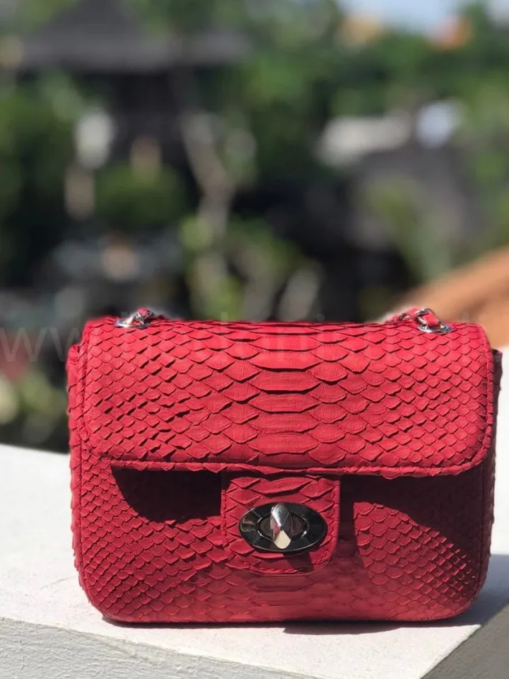 Genuine Python Skin red summer small bag| Adjustable Chain Classy Elegant Bright Classy Crossbody Small Lady Summer Purse | Gift for her