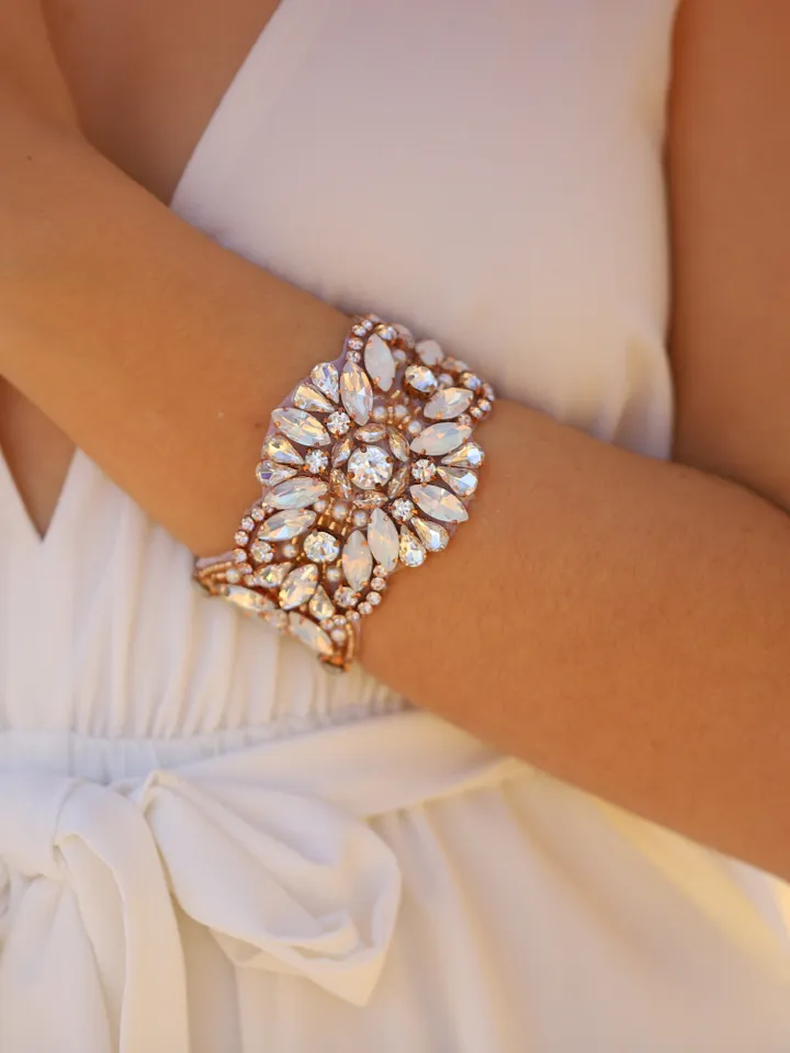 Rose Gold Opal Bridal Cuff, Crystal Wedding Cuff, Crystal Bridal Bracelet, Rhinestone Cuff Bracelet, Vintage Wedding Jewelry, Boho Jewellery