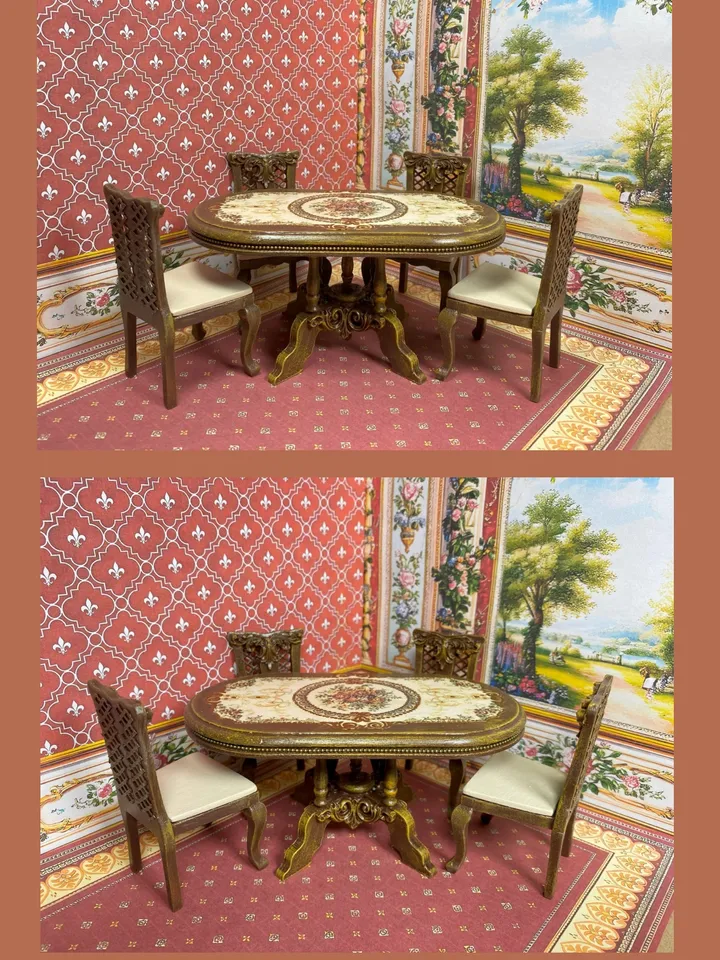 Table + 4 chairs. Handcrafted. 1:12 scale. Dollhouse furniture.