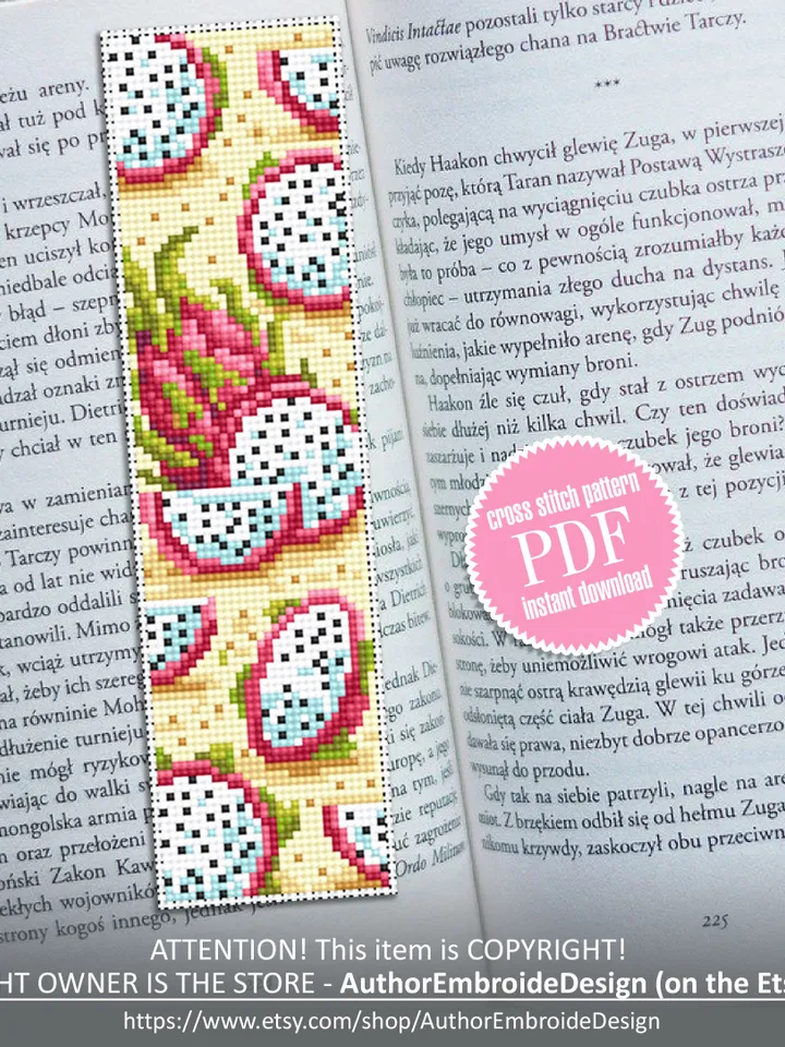 Dragon fruit bookmark cross stitch pattern download PDF Tropical fruit Pitaya cross stitch chart, Digital bookmark pattern, Fruit art #B156