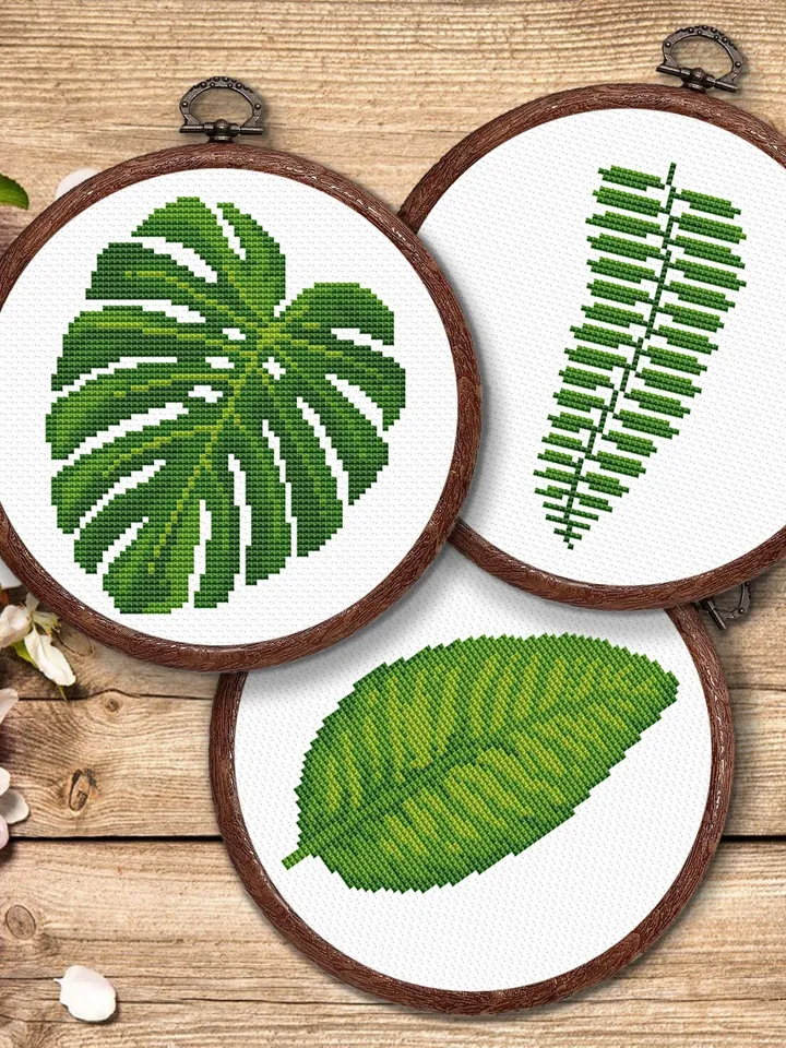 Set of 3 Leaf Cross Stitch Pattern, Flower Cross Stitch, Embroidery Monstera, Flowers xStitch, Monstera Leaf Cross Stitch Pattern #flw024