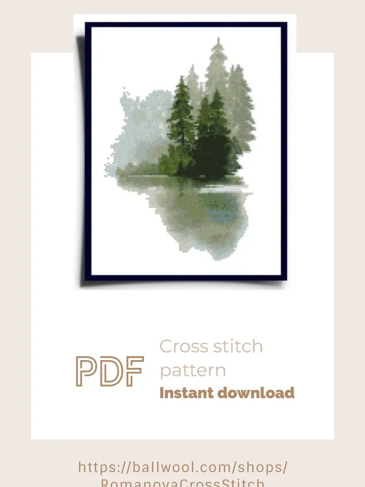 Green Forest cross stitch PDF pattern, Pine tree Nature embroidery, Instant download