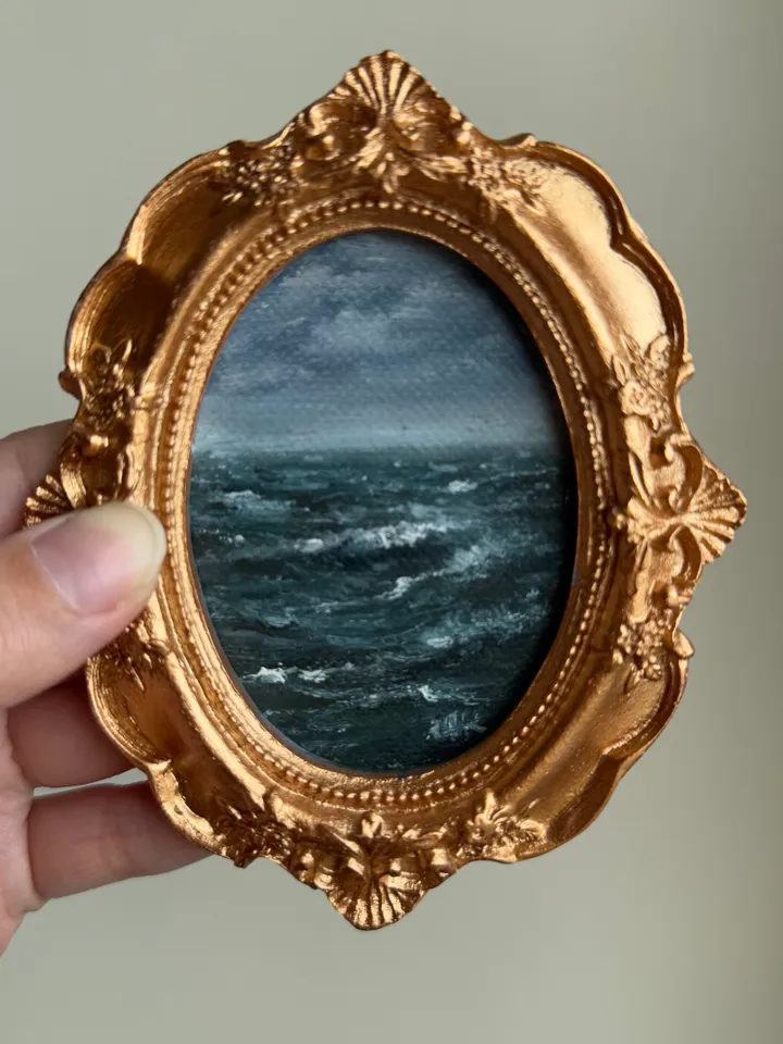 Ocean Landscape Oil Painting Original In Vintage Style Frame Small Framed Oval Painting Art Renaissance Antique Seascape Painting