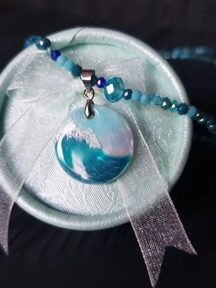 Wave necklace, surfer jewelry, sea wave miniature painting on pearl pendant