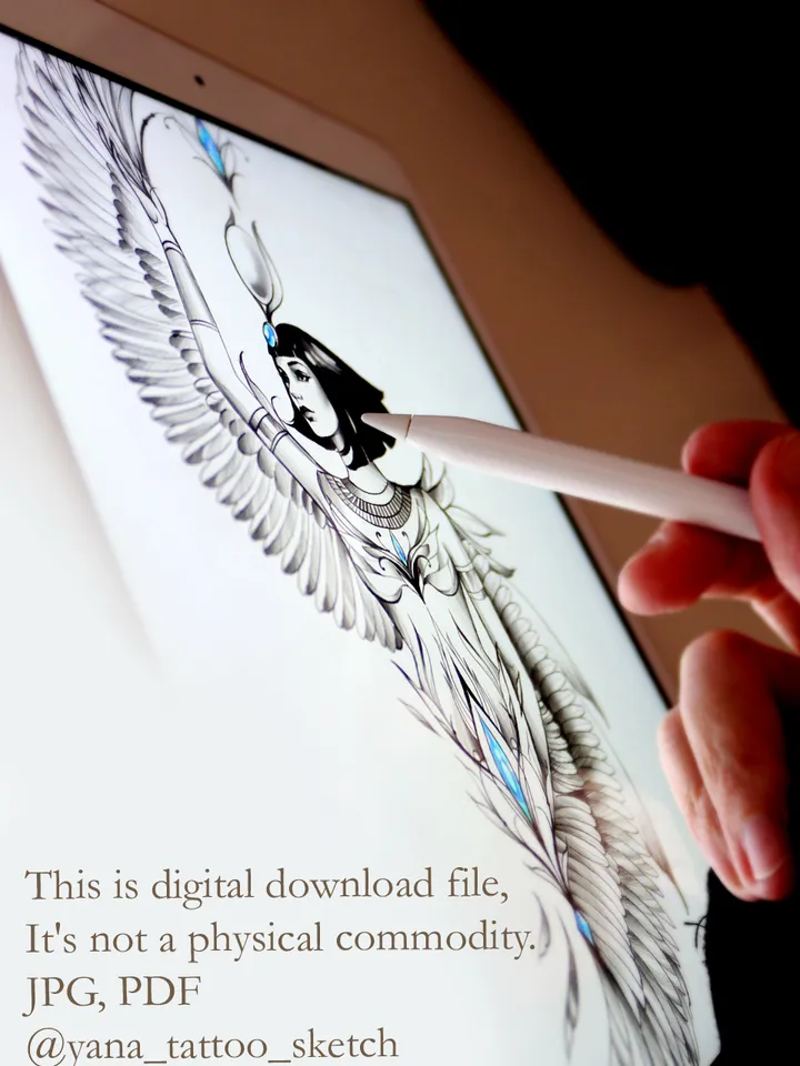 Egyptian Goddess Tattoo Design Goddess Isis Tattoo Stencil Drawing Idea, Instant download PDF, JPG