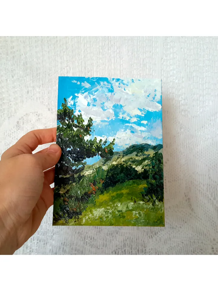 Pine Tree Original Oil Painting Small Landscape Impasto Wall Art.