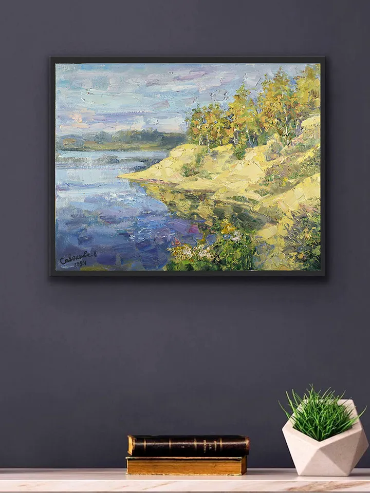 Autumn Painting Sandy Beach Artwork Lake Birch Nature Art