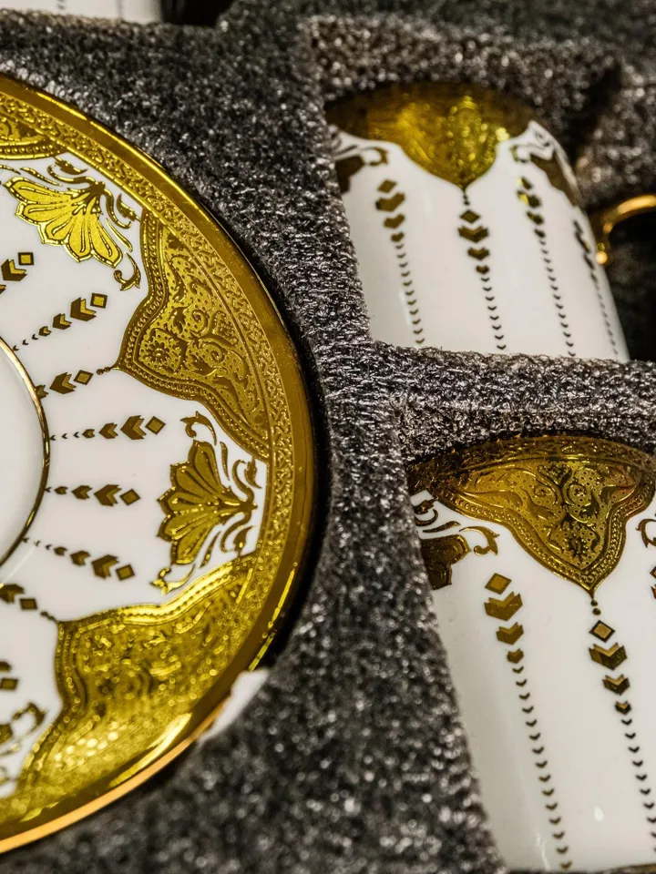 14K Genuine Gold Powder Porcelain Tea Cups And Saucers | Tea Cups Saucers Set | Gold Porcelain Set | Elegant Teaware | Gift For Tea Lovers