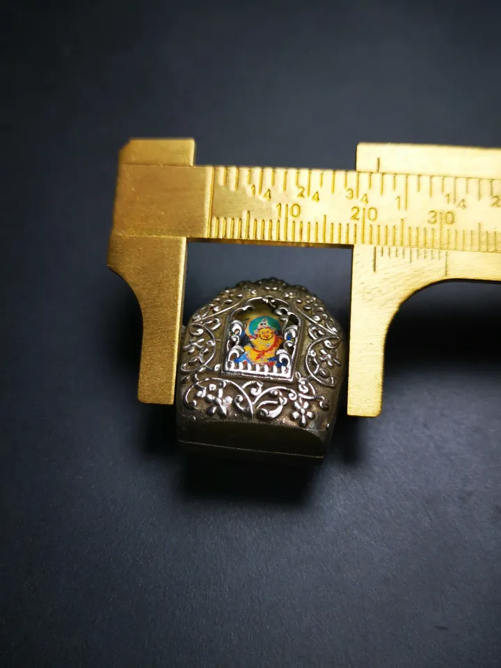 Gandhanra Antique Handmade Gau Ghau Shrine, Yellow Jambhala Mini Tibetan Buddhist Altar Amulet Pendant,Made of White Copper