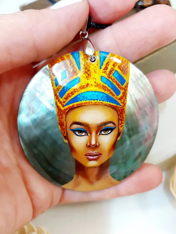 Pearl pendant necklace: Queen Nefertiti on handmade necklace, charming shell pendant painted in Fedoskino style, jewelry for evening dress