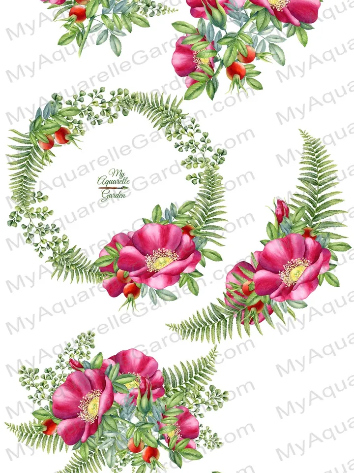 Wild rose and fern garlands wreaths Rosehip Botanical images Wedding decor Baby shower Holiday wishes Wall art Scrapbooking Printable PNG