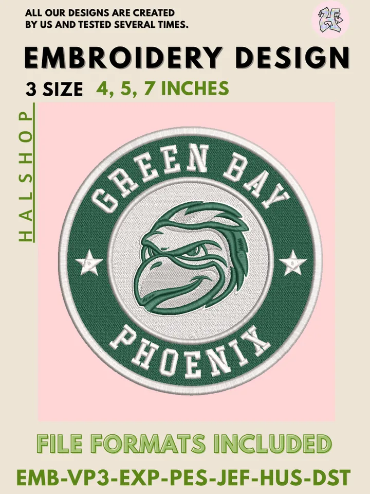 Green Bay Phoenix NCAA Mascot Logo Embroidery Design – College Team Pattern, Machine Embroidery Files, 3 Sizes Digital Instant Download