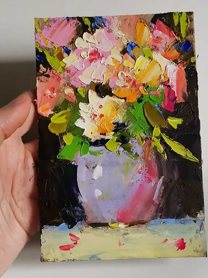 White Peonies Painting Original Art Small Impasto Oil Painting 掛畫 手工油畫